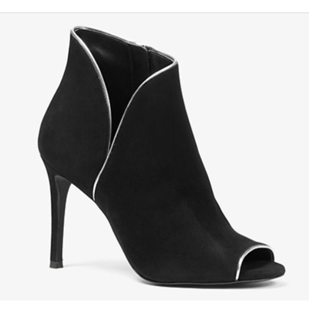 Michael Kors Harper Suede Peep Toe‎ Ankle Boots Black Leather Heel Bootie 5M NEW